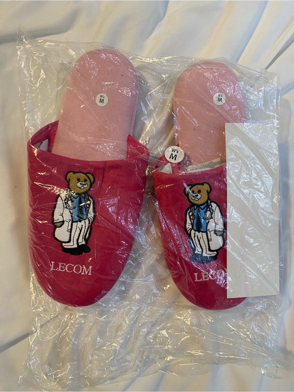 Cozy Pink Medical Bear Embroidered Slip-On Slippers women’s M
